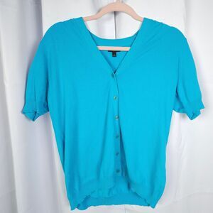 Talbots Womens V-Neck Cardigan X Rayon Nylon Blue Sweater Short Sleeve